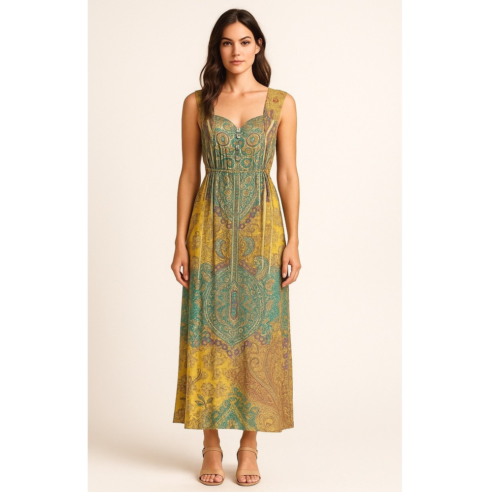 One World Dress Women XL Yellow Green Floral Paisley Maxi Casual Boho Colorful